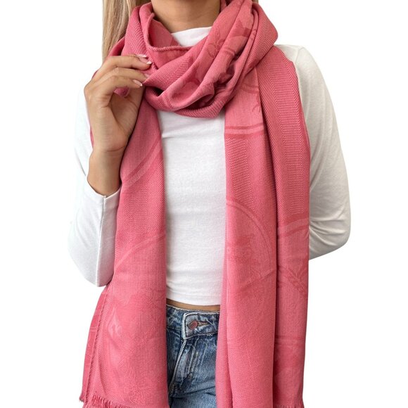 HERMES H Logo New Libris Shawl Scarf Wrap Fringe Pink Cashmere Silk [105760] - Picture 1 of 12